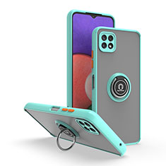 Silicone Matte Finish and Plastic Back Cover Case with Magnetic Finger Ring Stand QW2 for Samsung Galaxy F42 5G Cyan