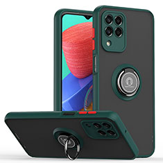 Silicone Matte Finish and Plastic Back Cover Case with Magnetic Finger Ring Stand QW2 for Samsung Galaxy M33 5G Midnight Green