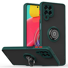 Silicone Matte Finish and Plastic Back Cover Case with Magnetic Finger Ring Stand QW2 for Samsung Galaxy M53 5G Midnight Green