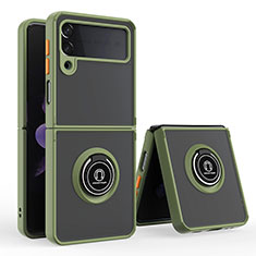 Silicone Matte Finish and Plastic Back Cover Case with Magnetic Finger Ring Stand QW2 for Samsung Galaxy Z Flip3 5G Army green