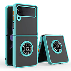 Silicone Matte Finish and Plastic Back Cover Case with Magnetic Finger Ring Stand QW2 for Samsung Galaxy Z Flip3 5G Cyan