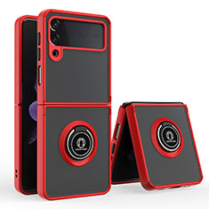 Silicone Matte Finish and Plastic Back Cover Case with Magnetic Finger Ring Stand QW2 for Samsung Galaxy Z Flip3 5G Red