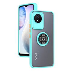 Silicone Matte Finish and Plastic Back Cover Case with Magnetic Finger Ring Stand QW2 for Vivo Y02A Cyan