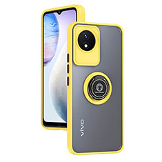 Silicone Matte Finish and Plastic Back Cover Case with Magnetic Finger Ring Stand QW2 for Vivo Y02A Yellow