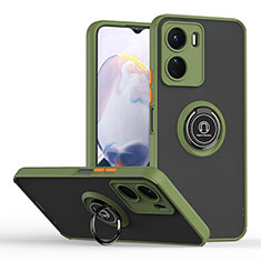 Silicone Matte Finish and Plastic Back Cover Case with Magnetic Finger Ring Stand QW2 for Vivo Y16 Army green