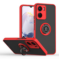 Silicone Matte Finish and Plastic Back Cover Case with Magnetic Finger Ring Stand QW2 for Vivo Y16 Red