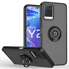 Silicone Matte Finish and Plastic Back Cover Case with Magnetic Finger Ring Stand QW2 for Vivo Y21a Black