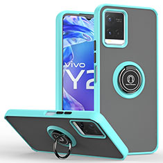 Silicone Matte Finish and Plastic Back Cover Case with Magnetic Finger Ring Stand QW2 for Vivo Y21G Cyan