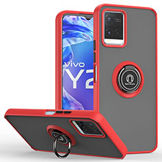 Silicone Matte Finish and Plastic Back Cover Case with Magnetic Finger Ring Stand QW2 for Vivo Y21G Red