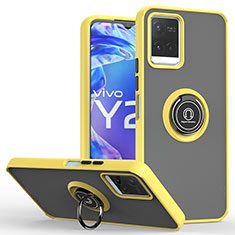 Silicone Matte Finish and Plastic Back Cover Case with Magnetic Finger Ring Stand QW2 for Vivo Y21G Yellow