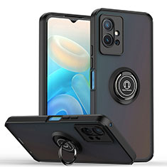 Silicone Matte Finish and Plastic Back Cover Case with Magnetic Finger Ring Stand QW2 for Vivo Y30 5G Black