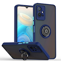 Silicone Matte Finish and Plastic Back Cover Case with Magnetic Finger Ring Stand QW2 for Vivo Y30 5G Blue