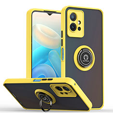 Silicone Matte Finish and Plastic Back Cover Case with Magnetic Finger Ring Stand QW2 for Vivo Y33e 5G Yellow