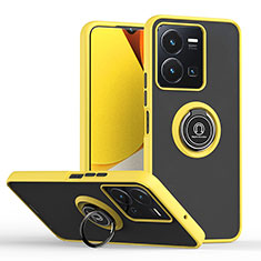 Silicone Matte Finish and Plastic Back Cover Case with Magnetic Finger Ring Stand QW2 for Vivo Y35 4G Yellow