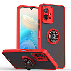 Silicone Matte Finish and Plastic Back Cover Case with Magnetic Finger Ring Stand QW2 for Vivo Y55s 5G Red