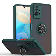 Silicone Matte Finish and Plastic Back Cover Case with Magnetic Finger Ring Stand QW2 for Vivo Y75 5G Midnight Green