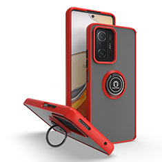 Silicone Matte Finish and Plastic Back Cover Case with Magnetic Finger Ring Stand QW2 for Xiaomi Mi 11T 5G Red