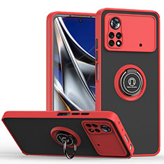 Silicone Matte Finish and Plastic Back Cover Case with Magnetic Finger Ring Stand QW2 for Xiaomi Poco X4 Pro 5G Red