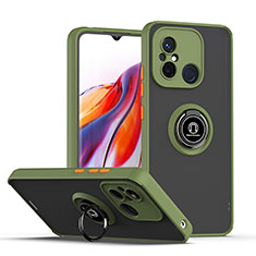 Silicone Matte Finish and Plastic Back Cover Case with Magnetic Finger Ring Stand QW2 for Xiaomi Redmi 12C 4G Army green