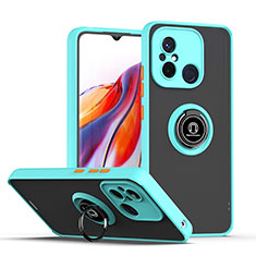 Silicone Matte Finish and Plastic Back Cover Case with Magnetic Finger Ring Stand QW2 for Xiaomi Redmi 12C 4G Cyan