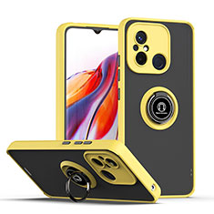 Silicone Matte Finish and Plastic Back Cover Case with Magnetic Finger Ring Stand QW2 for Xiaomi Redmi 12C 4G Yellow