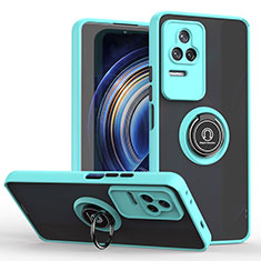 Silicone Matte Finish and Plastic Back Cover Case with Magnetic Finger Ring Stand QW2 for Xiaomi Redmi K50 Pro 5G Cyan