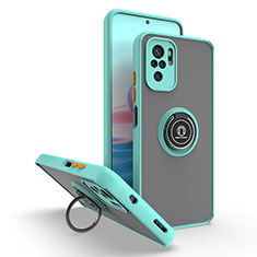 Silicone Matte Finish and Plastic Back Cover Case with Magnetic Finger Ring Stand QW2 for Xiaomi Redmi Note 10 Pro 4G Cyan