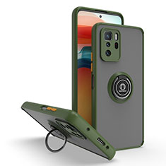Silicone Matte Finish and Plastic Back Cover Case with Magnetic Finger Ring Stand QW2 for Xiaomi Redmi Note 10 Pro 5G Army green