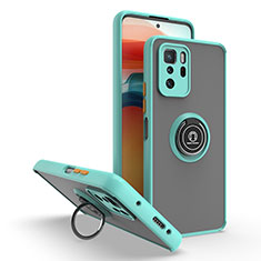 Silicone Matte Finish and Plastic Back Cover Case with Magnetic Finger Ring Stand QW2 for Xiaomi Redmi Note 10 Pro 5G Cyan