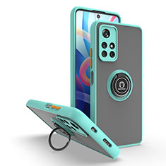 Silicone Matte Finish and Plastic Back Cover Case with Magnetic Finger Ring Stand QW2 for Xiaomi Redmi Note 11 5G Cyan