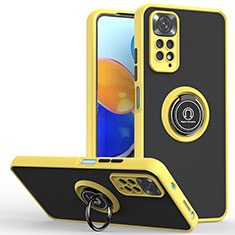 Silicone Matte Finish and Plastic Back Cover Case with Magnetic Finger Ring Stand QW2 for Xiaomi Redmi Note 11 Pro 4G Yellow