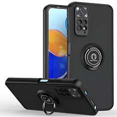Silicone Matte Finish and Plastic Back Cover Case with Magnetic Finger Ring Stand QW2 for Xiaomi Redmi Note 11 Pro 5G Black