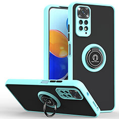 Silicone Matte Finish and Plastic Back Cover Case with Magnetic Finger Ring Stand QW2 for Xiaomi Redmi Note 11 Pro 5G Cyan