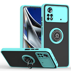 Silicone Matte Finish and Plastic Back Cover Case with Magnetic Finger Ring Stand QW2 for Xiaomi Redmi Note 11E Pro 5G Cyan