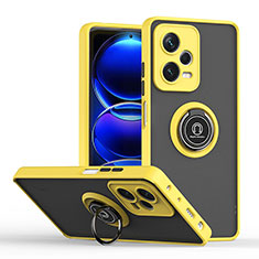 Silicone Matte Finish and Plastic Back Cover Case with Magnetic Finger Ring Stand QW2 for Xiaomi Redmi Note 12 Pro+ Plus 5G Yellow