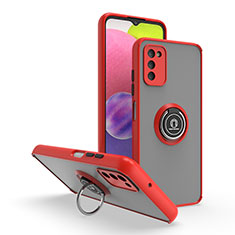 Silicone Matte Finish and Plastic Back Cover Case with Magnetic Finger Ring Stand QW3 for Samsung Galaxy A03s Red
