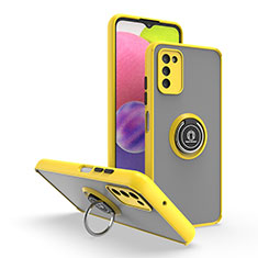 Silicone Matte Finish and Plastic Back Cover Case with Magnetic Finger Ring Stand QW3 for Samsung Galaxy A03s Yellow