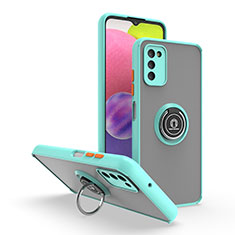 Silicone Matte Finish and Plastic Back Cover Case with Magnetic Finger Ring Stand QW3 for Samsung Galaxy M02s Cyan