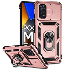 Silicone Matte Finish and Plastic Back Cover Case with Magnetic Finger Ring Stand QW3 for Xiaomi Poco M4 Pro 4G Rose Gold