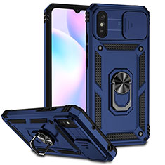Silicone Matte Finish and Plastic Back Cover Case with Magnetic Finger Ring Stand QW3 for Xiaomi Redmi 9AT Blue