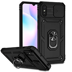 Silicone Matte Finish and Plastic Back Cover Case with Magnetic Finger Ring Stand QW3 for Xiaomi Redmi 9i Black
