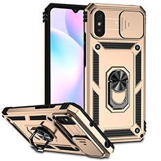 Silicone Matte Finish and Plastic Back Cover Case with Magnetic Finger Ring Stand QW3 for Xiaomi Redmi 9i Gold