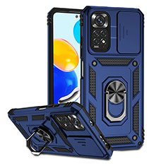 Silicone Matte Finish and Plastic Back Cover Case with Magnetic Finger Ring Stand QW3 for Xiaomi Redmi Note 11 4G (2022) Blue