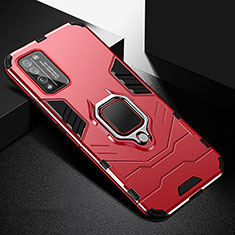 Silicone Matte Finish and Plastic Back Cover Case with Magnetic Finger Ring Stand R01 for Huawei Honor 30 Lite 5G Red