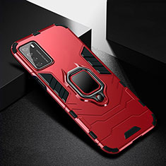 Silicone Matte Finish and Plastic Back Cover Case with Magnetic Finger Ring Stand R01 for Huawei Honor Play4 5G Red