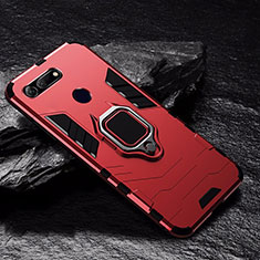 Silicone Matte Finish and Plastic Back Cover Case with Magnetic Finger Ring Stand R01 for Huawei Honor V20 Red