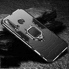 Silicone Matte Finish and Plastic Back Cover Case with Magnetic Finger Ring Stand R01 for Huawei Nova 5i Black