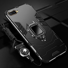 Silicone Matte Finish and Plastic Back Cover Case with Magnetic Finger Ring Stand R01 for Oppo R15X Black