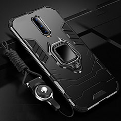 Silicone Matte Finish and Plastic Back Cover Case with Magnetic Finger Ring Stand R01 for Oppo RX17 Pro Black