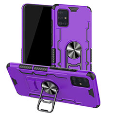 Silicone Matte Finish and Plastic Back Cover Case with Magnetic Finger Ring Stand R01 for Samsung Galaxy A51 5G Purple